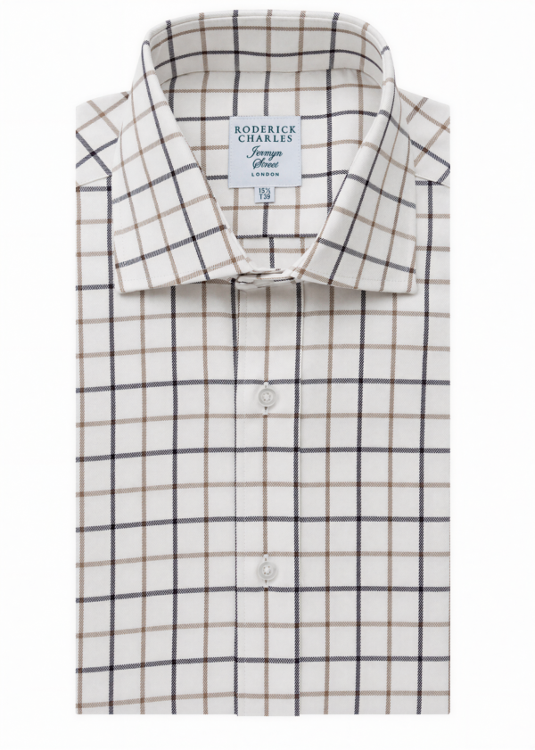 single cuff tan and brown check shirt