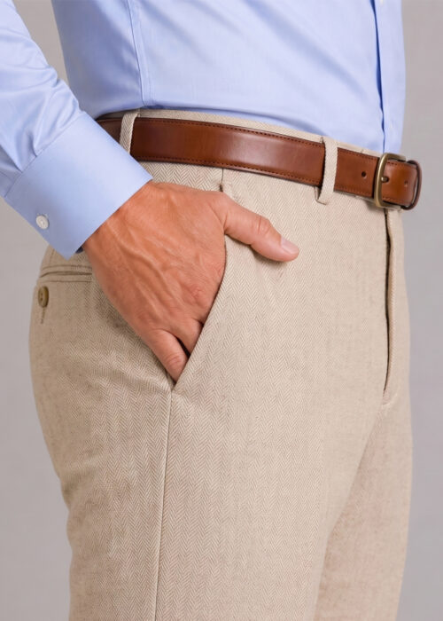 Buff Herringbone Wool/Linen Trousers